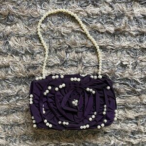 Twelve by Twelve Purple Pearl-Studded Box Clutch Removable Pearl String Handle
